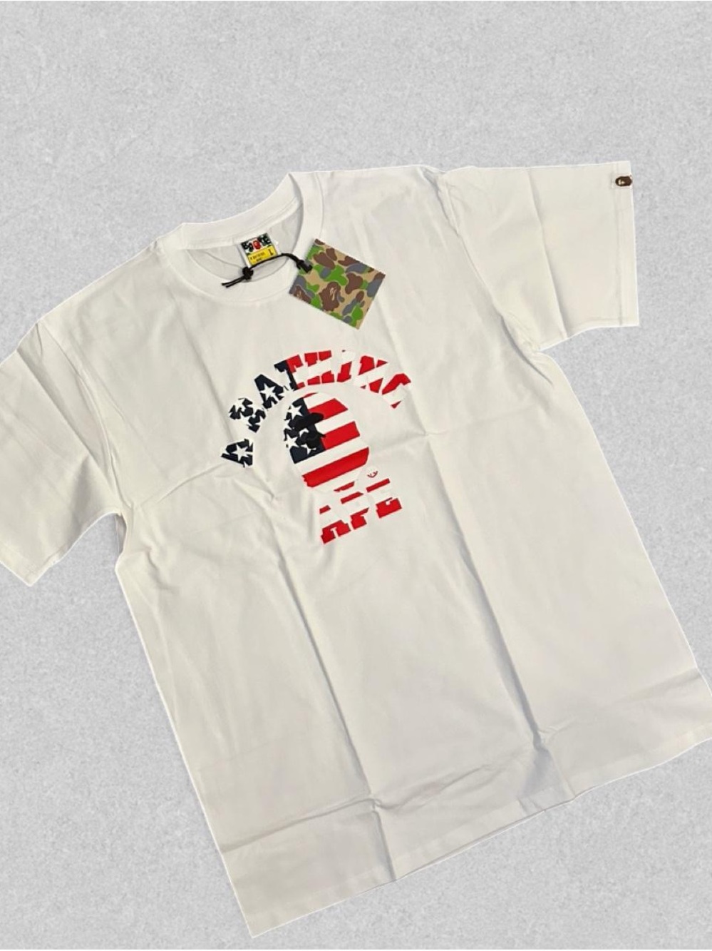 Bape White Short Sleeve Tee with Red & Blue Logo